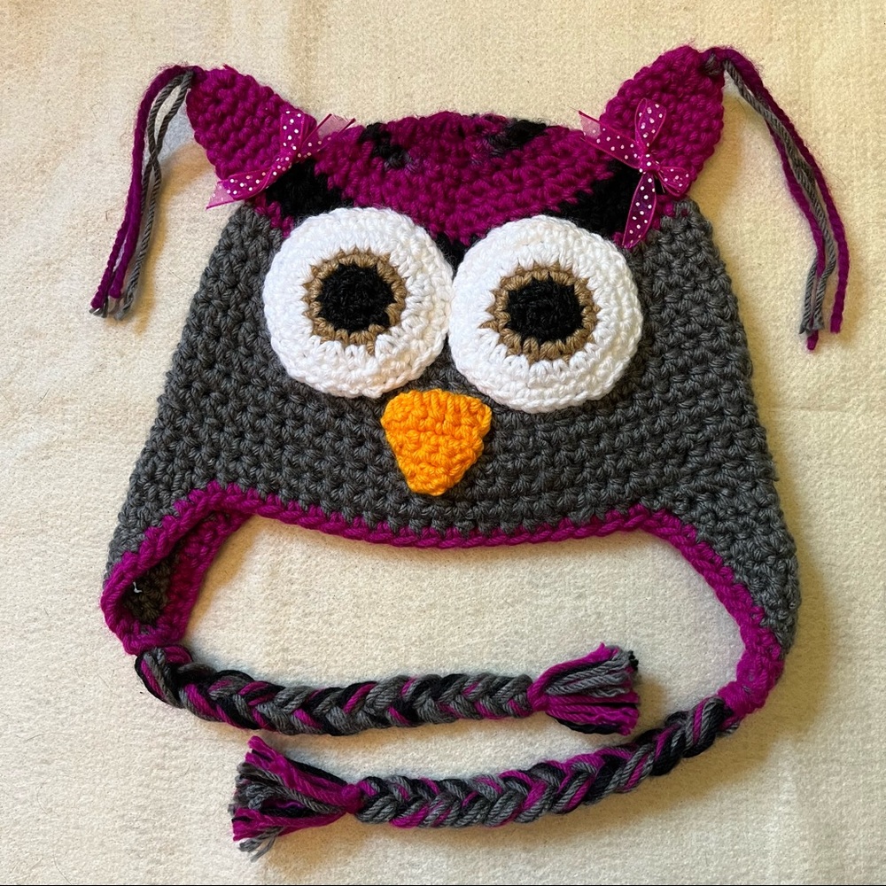 Crochet Owl Hat, Pink Gray Owl Beanie